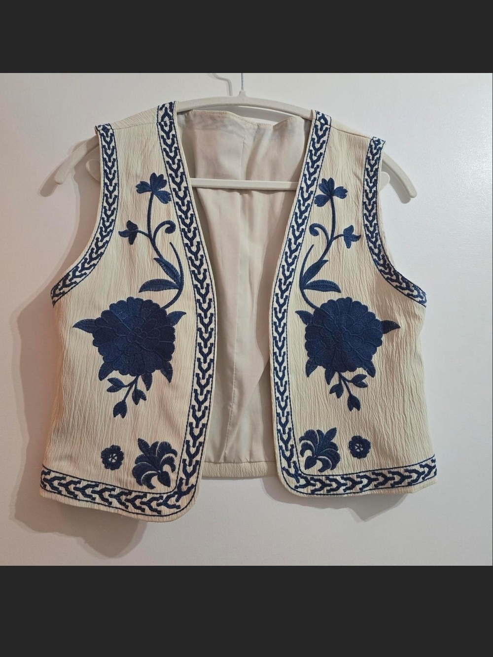 Embroidered Floral Vest in Cream & Blue Like New